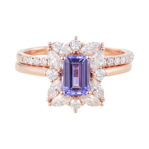 uyoyo Vintage Emerald Cut Tanzanite Engagement Ring with Matching Band