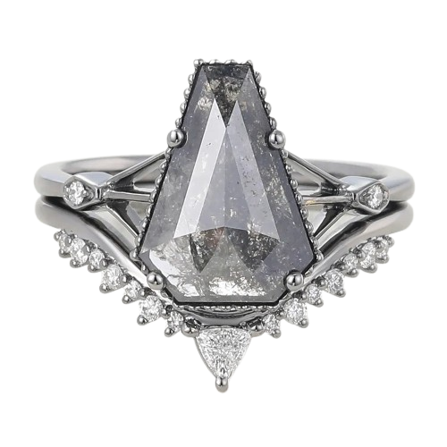 Juyoyo 3ct Unique Coffin Shaped Black Rhodium Salt And Pepper Diamond White Gold Engagement Ring Set