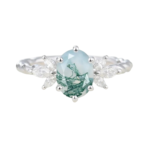 Juyoyo Twisted Band Oval Cut Moss Agate Engagement Ring