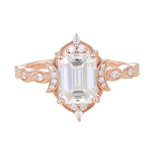 Juyoyo Emerald Cut Moissanite Rose Gold Halo Engagement Ring