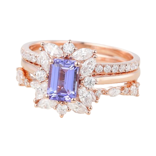 Juyoyo 3PCS Emerald Cut Tanzanite Rose Gold Vintage Halo Engagement Ring Set