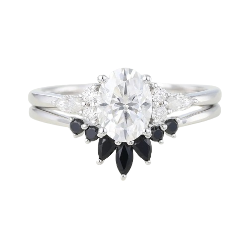 Juyoyo Oval Cut Moissanite White Gold Black Onyx Engagement Ring Set