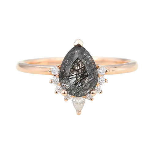 Juyoyo Pear Shaped Black Rutilated Quartz Rose Gold Engagement Ring