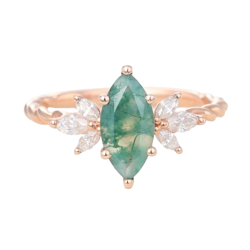 Juyoyo Marquise Cut Moss Agate Rose Gold Twisted Engagement Ring