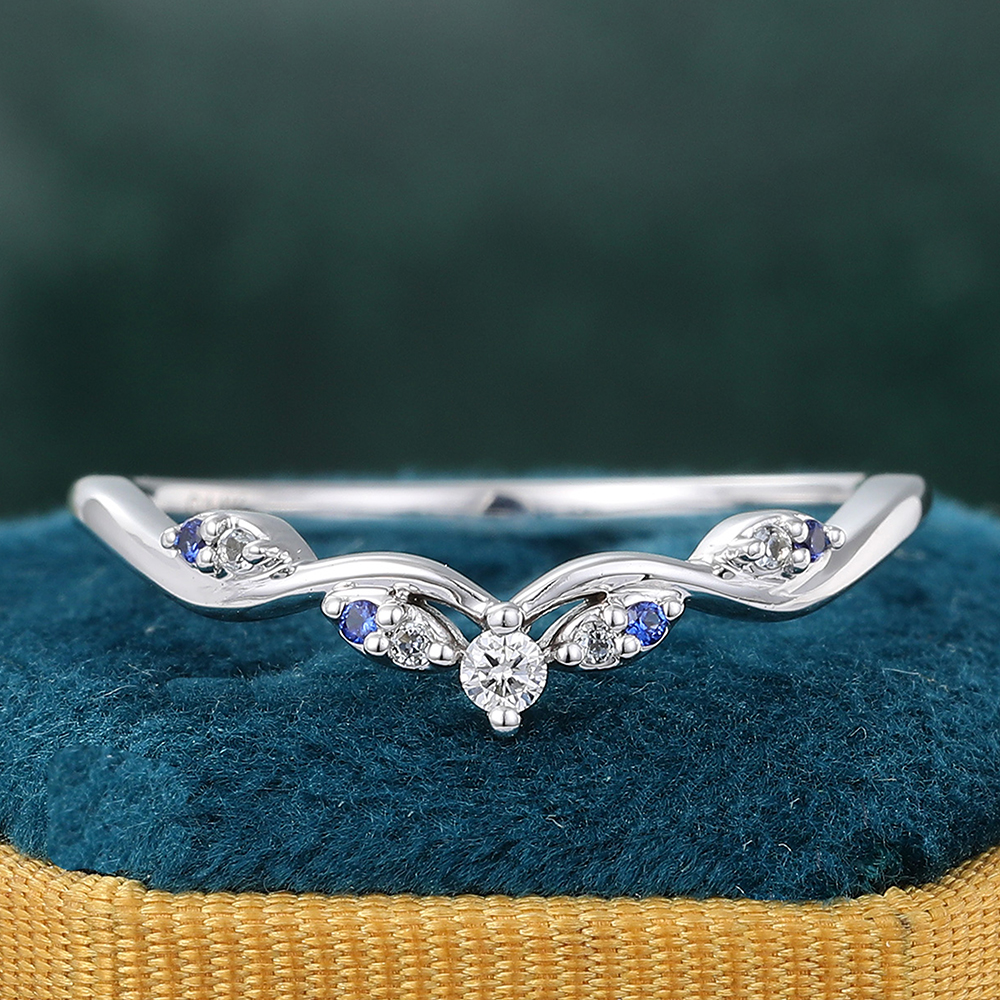 Juyoyo Unique Round Lab Sapphire & Moissanite & Aquamarine Curved Wedding Band