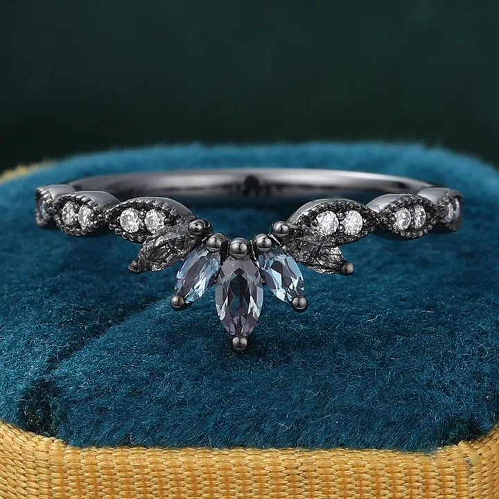 Marquise Cut Alexandrite & Black Rutilated Quartz Curved Wedding Band