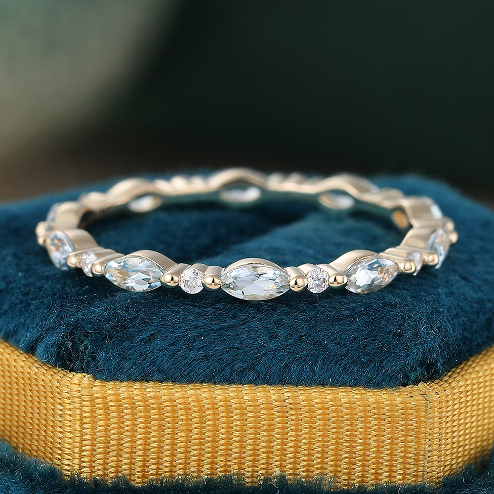 Juyoyo Marquise Aquamarine Ring Rose Gold Eternity Wedding Band