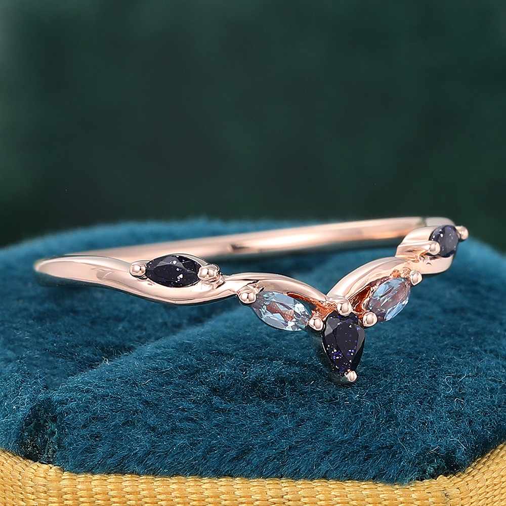 Juyoyo Unique Alexandrite & Blue Sandstone Curved Wedding Band Vintage Stackable Ring 14K Rose Gold