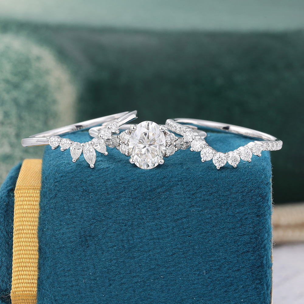 Juyoyo Oval Moissanite Engagement Ring Set Vintage Wedding Ring Set White Gold - 3pcs