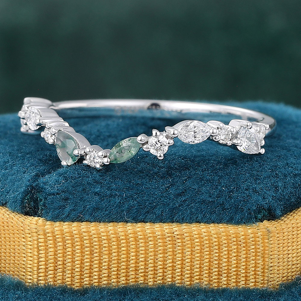 Juyoyo Delicate Moss Agate & Moissanite Wedding Band Curved Stacking Ring
