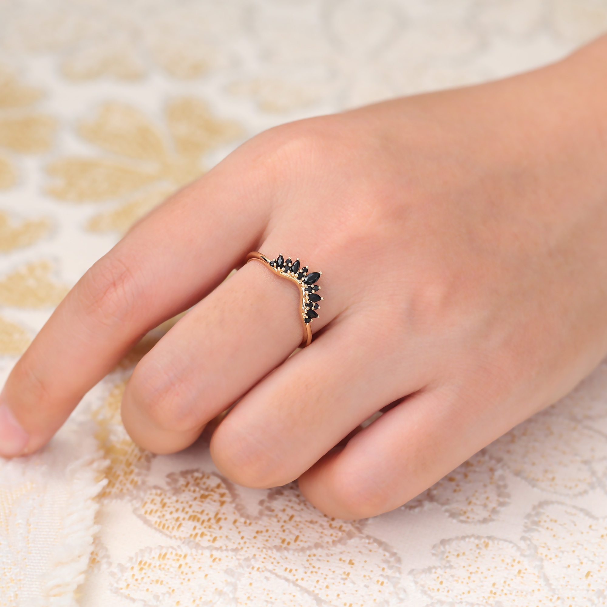 Juyoyo Marquise & Round Cut Black Onyx Ring Gold Contour Wedding Band Stackable Ring