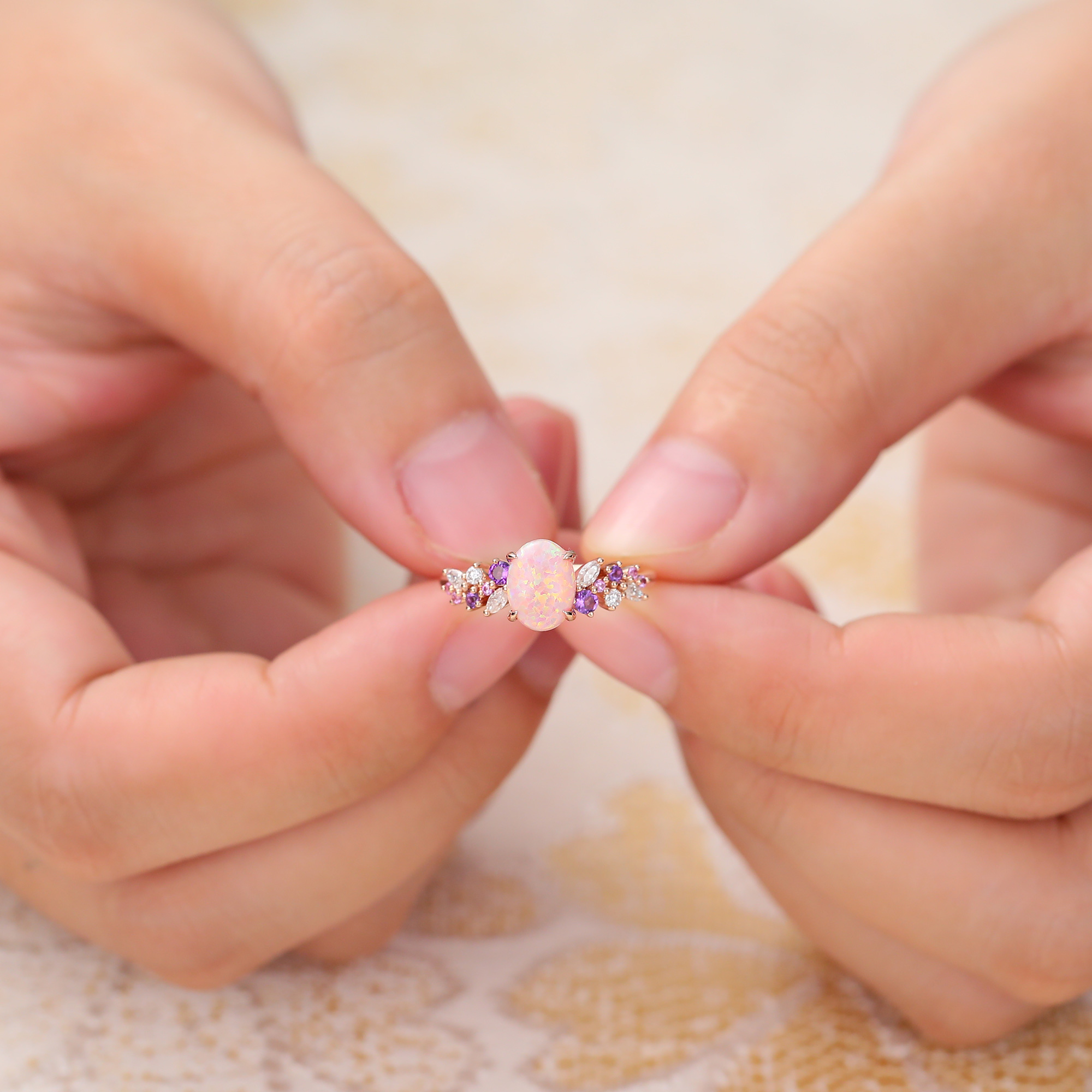 Juyoyo Oval Cut Lab Pink Opal Engagement Ring Vintage Amethyst Sapphire Cluster Bridal Ring