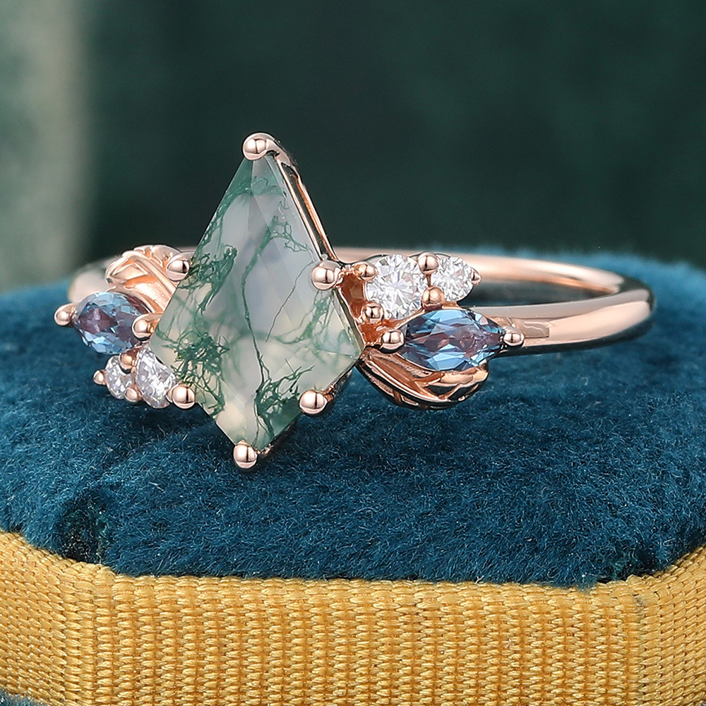Juyoyo Natural Inspired Kite Moss Agate Engagement Ring with Alexandrite & Moissanite Accents