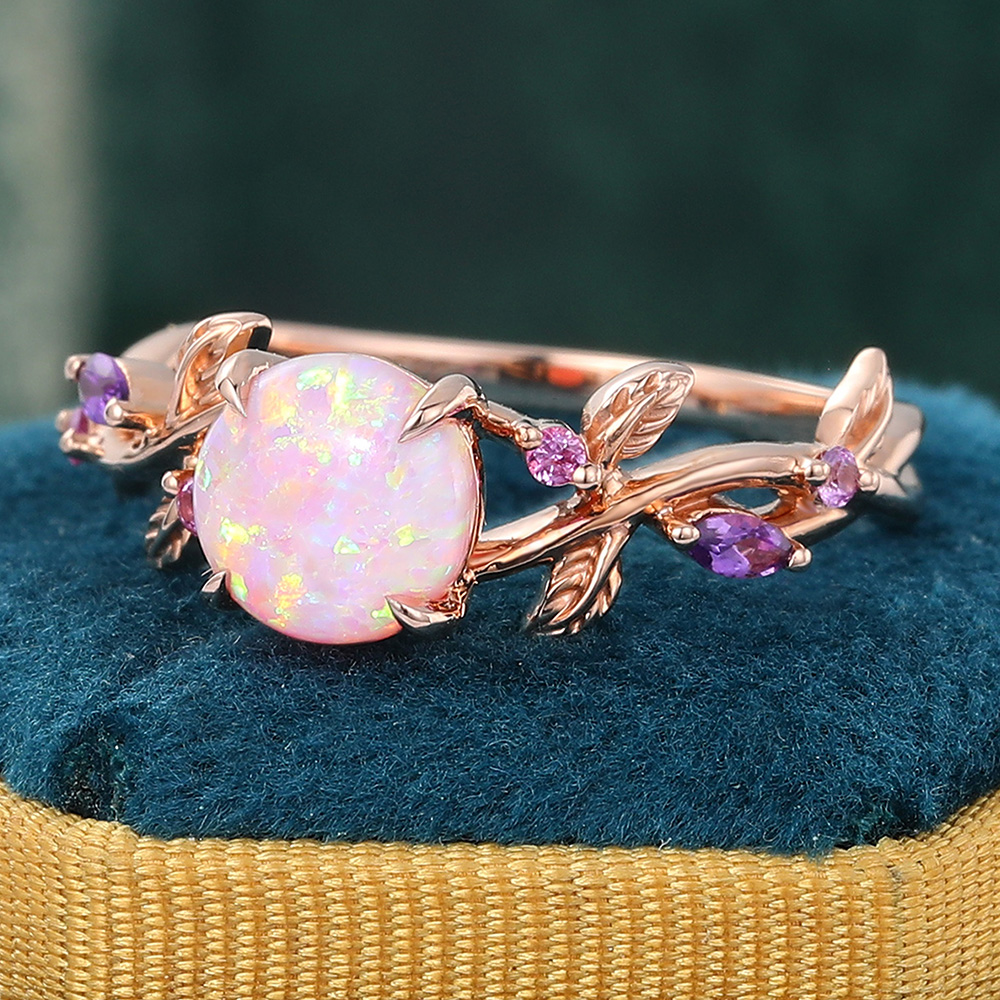Rose Gold Pink Opal Engagement Ring Amethyst Ring