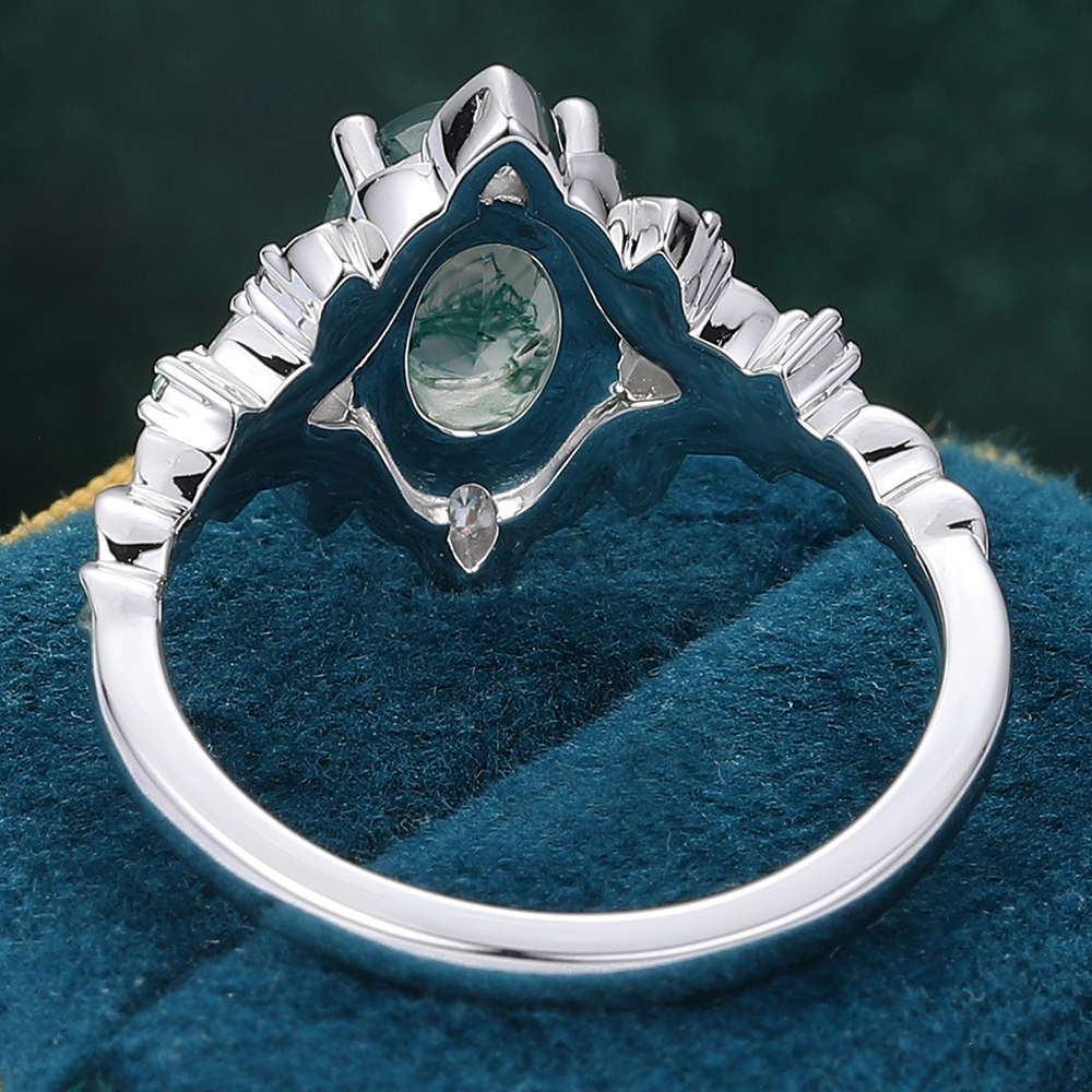 Juyoyo Art Deco Oval Moss Agate Engagement Ring with Sapphire & Moissanite Accents