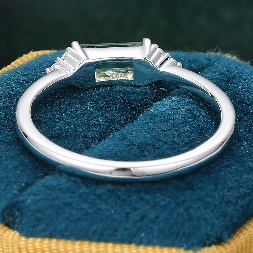 Minimalist Baguette Cut Moss Agate East-West Set Engagement Ring with Diamond Accents