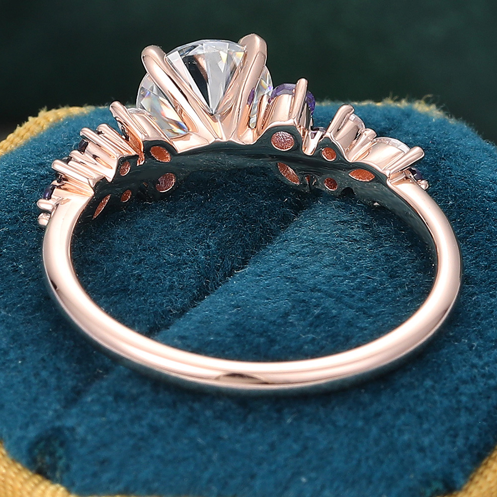 Juyoyo Round Cut Moissanite Engagement Ring Diamond Tanzanite Sapphire Cluster Ring Rose Gold