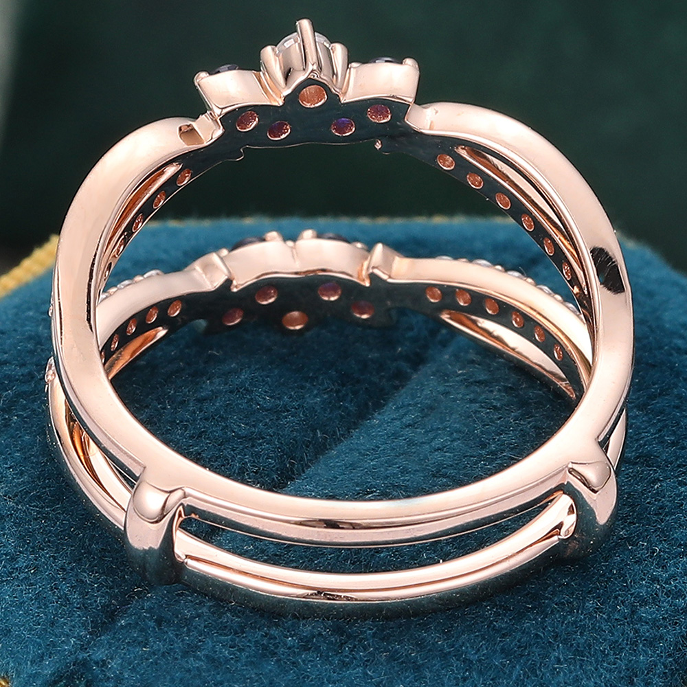 Sapphire & Moissanite Double Wedding Bands Rose Gold Curved Wedding Band