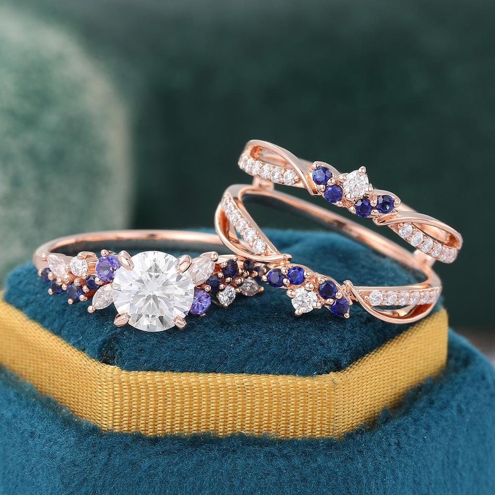 Juyoyo Round Cut Moissanite Bridal Ring Set Unique Crown Double Bands Vintage Engagement Ring