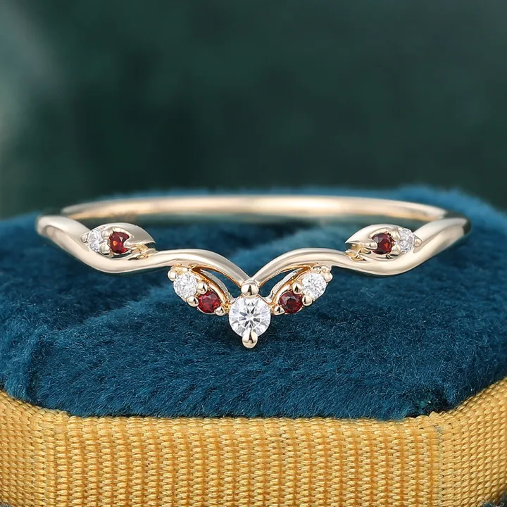 Unique Garnet & Moissanite Wedding Ring 14K Yellow Gold Curved Wedding Band