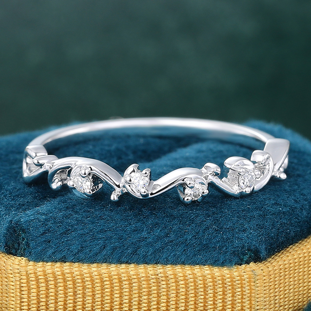 Juyoyo 14K White Gold Round Cut Moissanite Wedding Band Wave Stackable Promise Ring