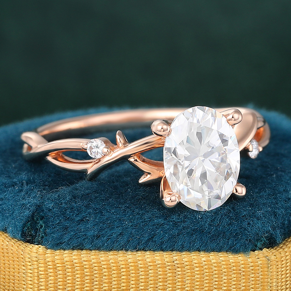 Juyoyo Nature Inspired Oval Cut Moissanite Engagement Ring Twig Vine Bridal Ring in 14K Rose Gold