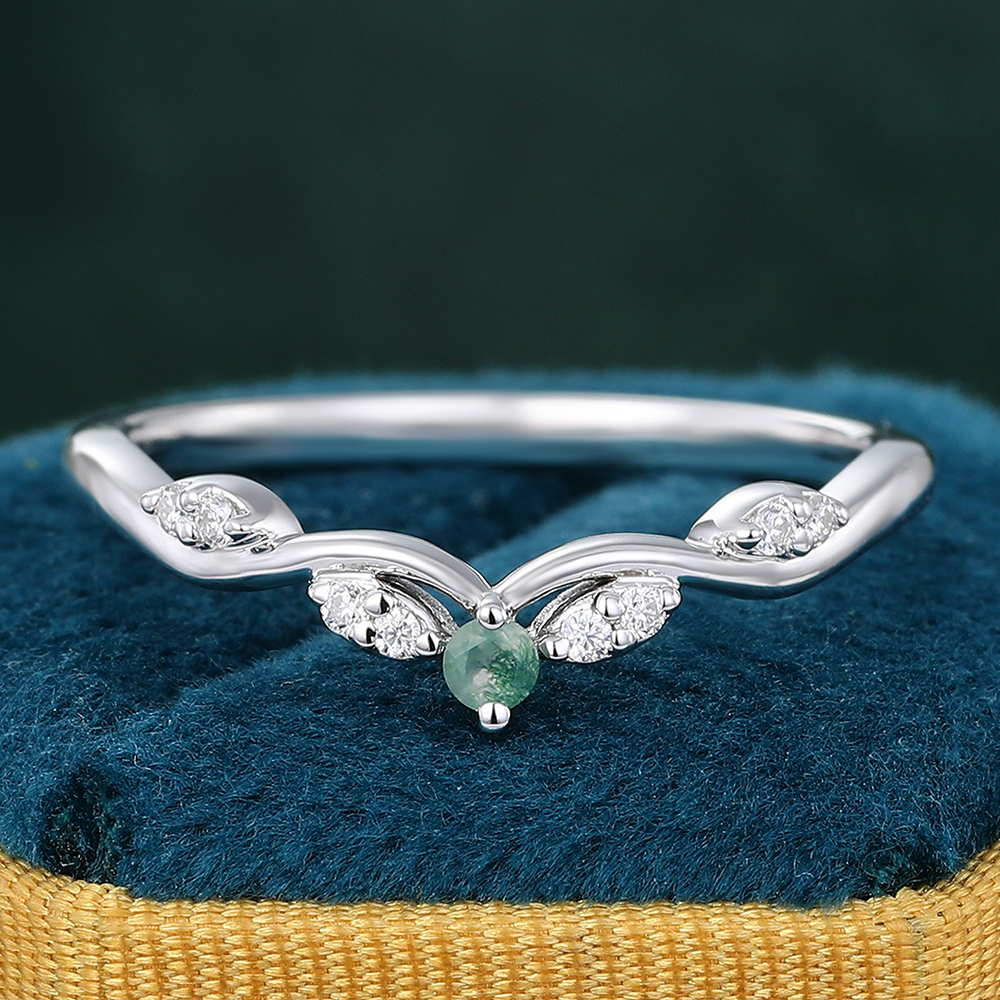 Juyoyo Unique Moissanite & Moss Agate Curved Anniversary Wedding Band Stacking Wedding Band
