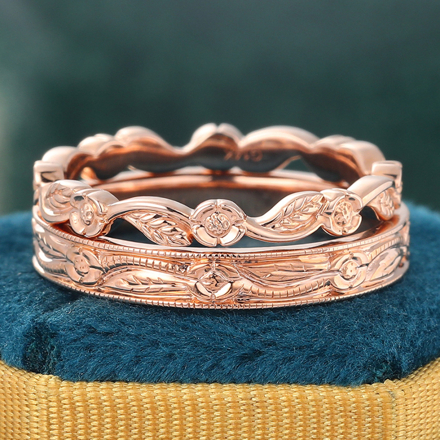 Vintage Rose Gold Double Wedding Band Foliage Stacking Anniversary Rings for Women - 2pcs
