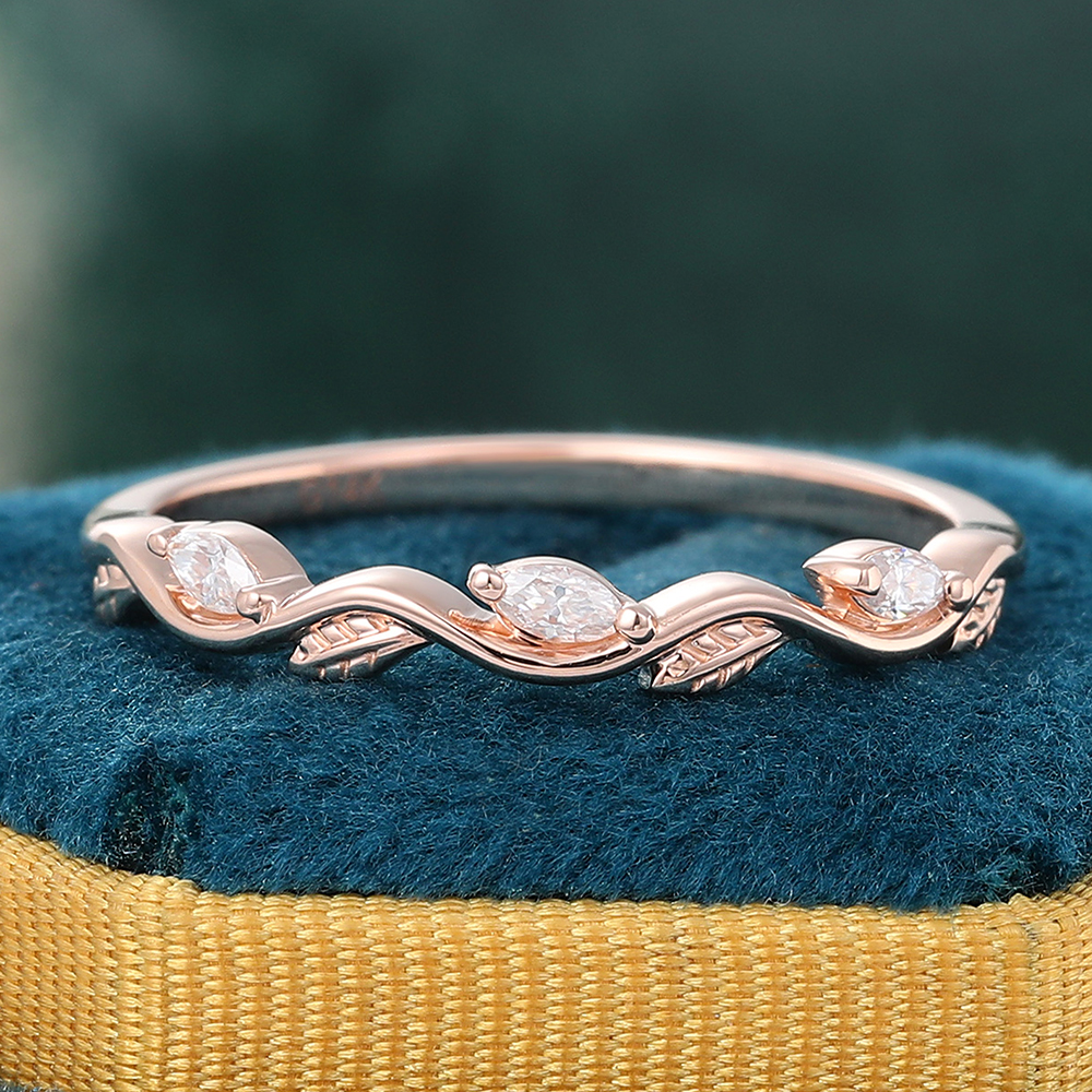Juyoyo Nature Inspired Moissanite Wedding Band Leaf Stacking Ring