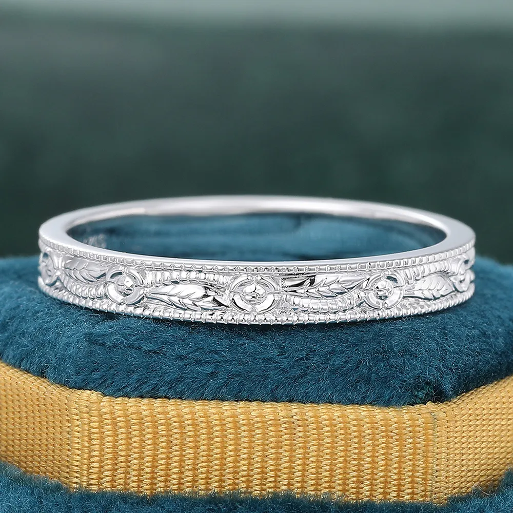 Antique Etched Engraved Wedding Band 14K Silver Gold Nature Inspired Straight Stacking Ring
