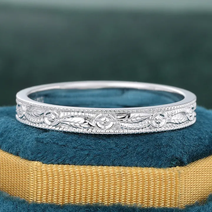Antique Etched Engraved Wedding Band 14K Silver Gold Nature Inspired Straight Stacking Ring