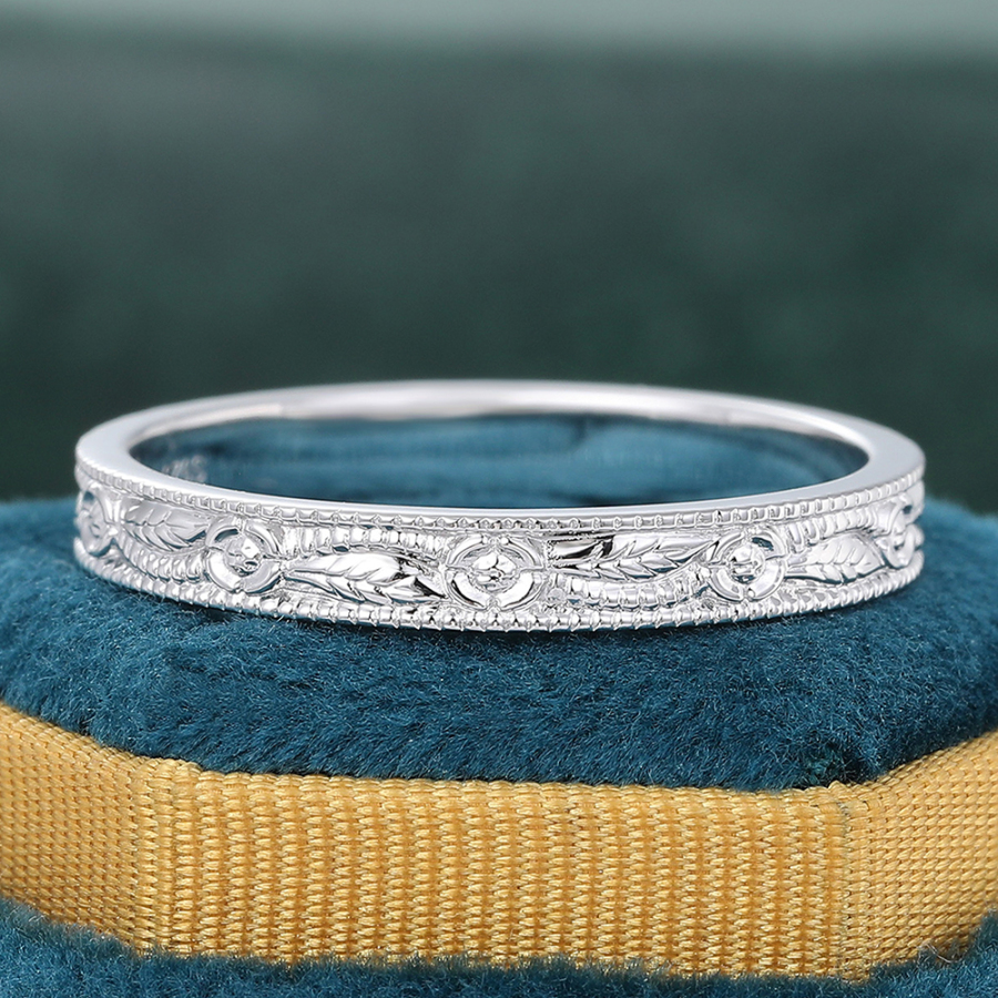 Antique Etched Engraved Wedding Band 14K Silver Gold Nature Inspired Straight Stacking Ring