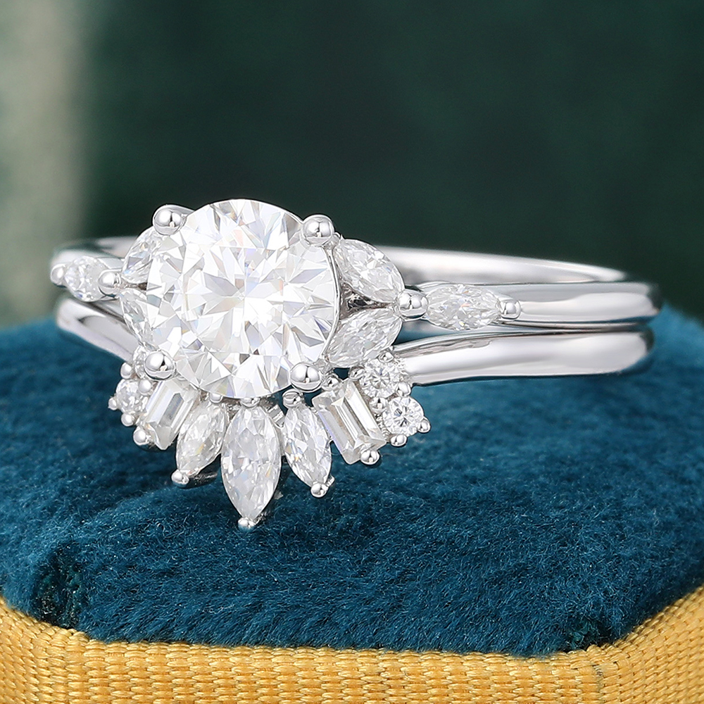 Juyoyo Round Cut Moissanite Bridal Ring Set 14K White Gold Diamond Cluster Engagement Ring Set
