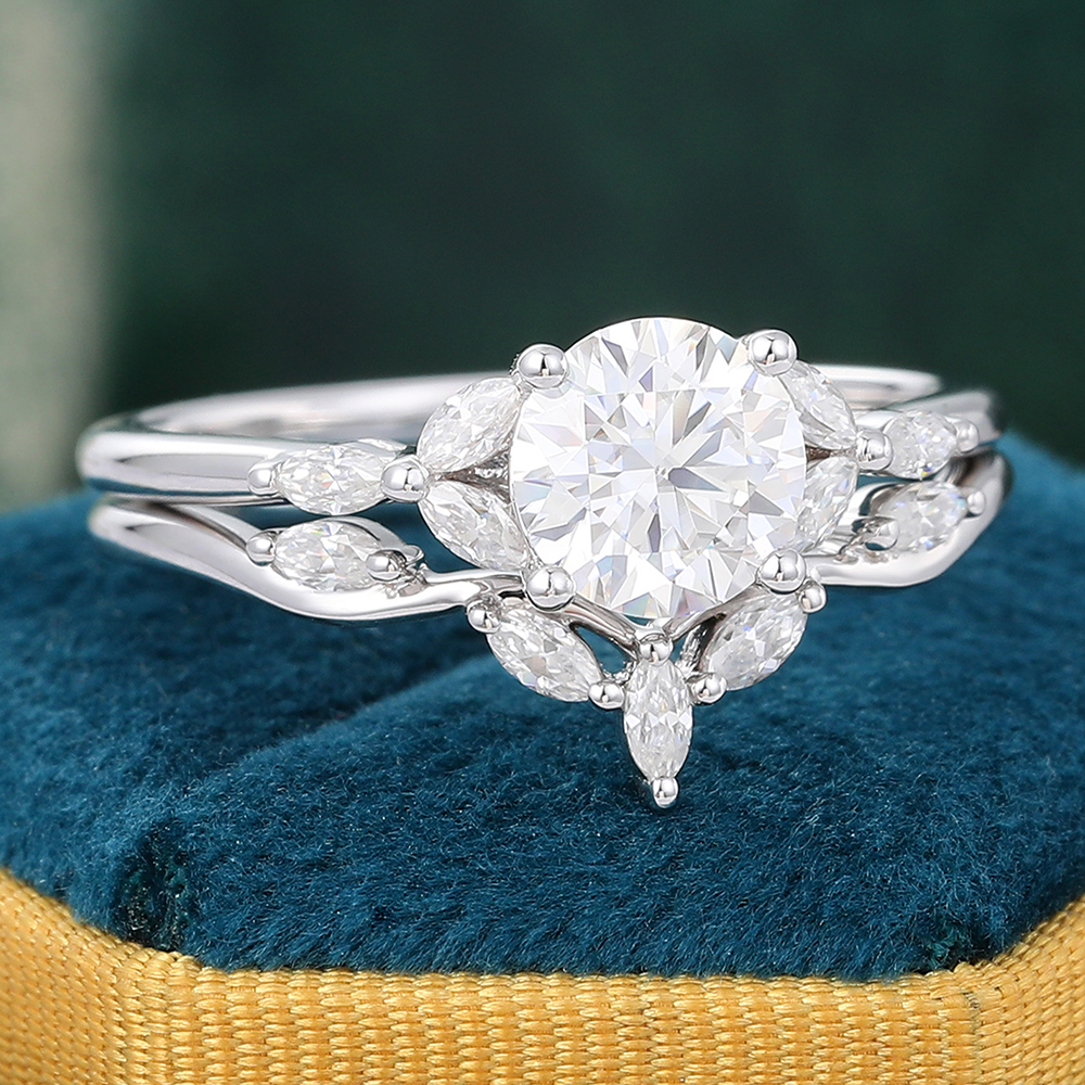 Juyoyo Round Moissanite Bridal Ring Set Marquise Accented Curved Wedding Band Set - 2pcs