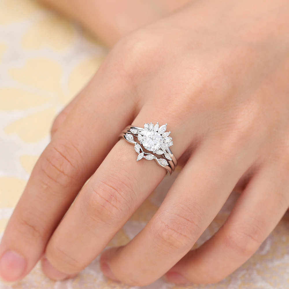 Juyoyo Moissanite Wedding Ring Set Diamond Cluster Bridal Ring Set in White Gold - 3pcs