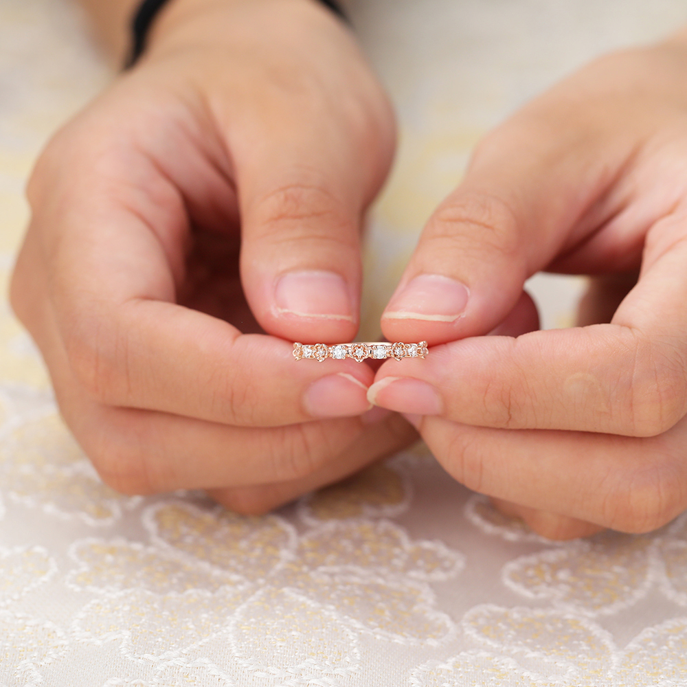 Juyoyo Floral Blossom Moissanite Stacking Anniversary Ring Half Eternity Band in 14K Rose Gold