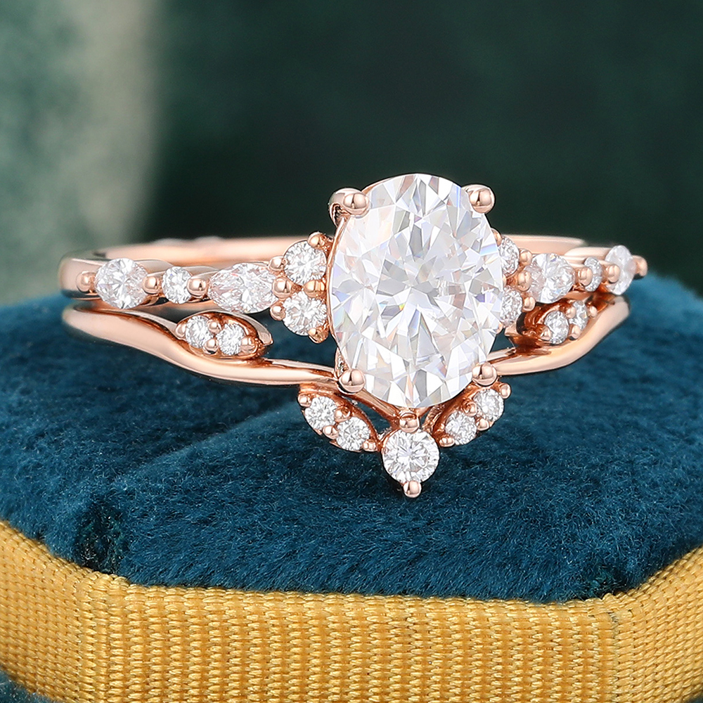 Juyoyo Oval Moissanite Engagement Ring Set Vintage 14K Rose Gold Bridal Ring Set - 2pcs