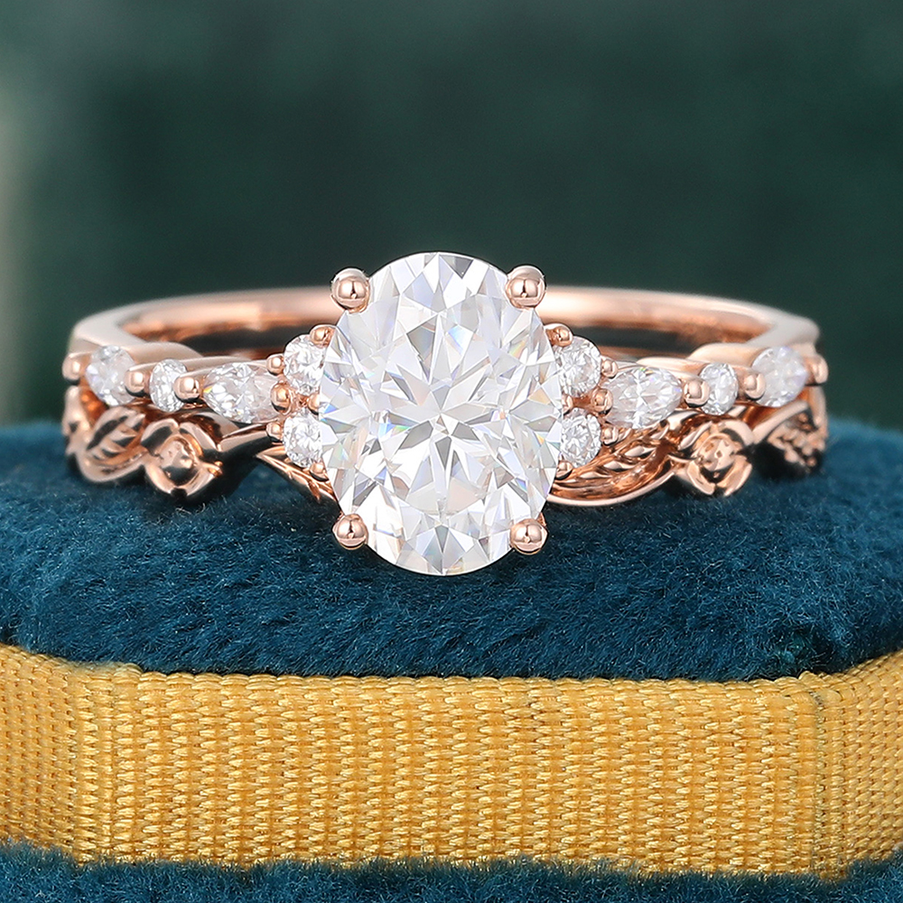 Juyoyo Oval Cut Moissanite Bridal Ring Set Vintage Nature Inspired Engagement Ring Set - 2pcs