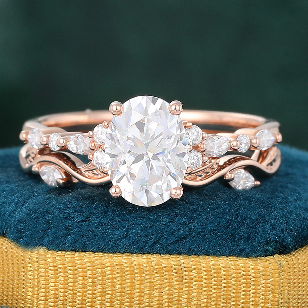 Juyoyo Oval Moissanite Bridal Ring Set Vintage Wedding Ring Set Inspired by Nature - 2pcs