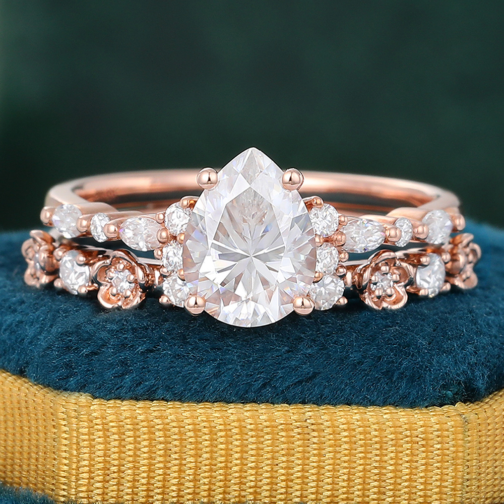 Juyoyo Pear Shaped Moissanite Engagement Ring Vintage Nature Inspired Wedding Ring Set - 2pcs