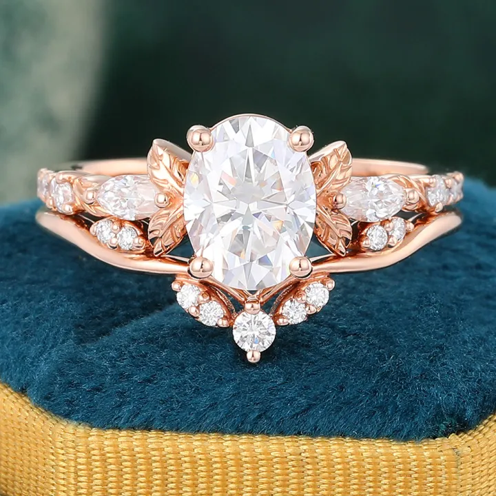 Oval Moissanite & Diamond Bridal Ring Set Four Leaf Cluster Engagement Ring Set - 2pcs