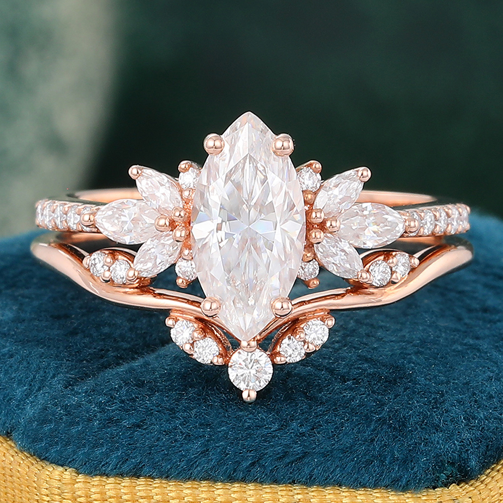 Juyoyo Marquise Cut Moissanite Wing Bridal Ring Set 14K Rose Gold Wedding Anniversary Ring - 2pcs