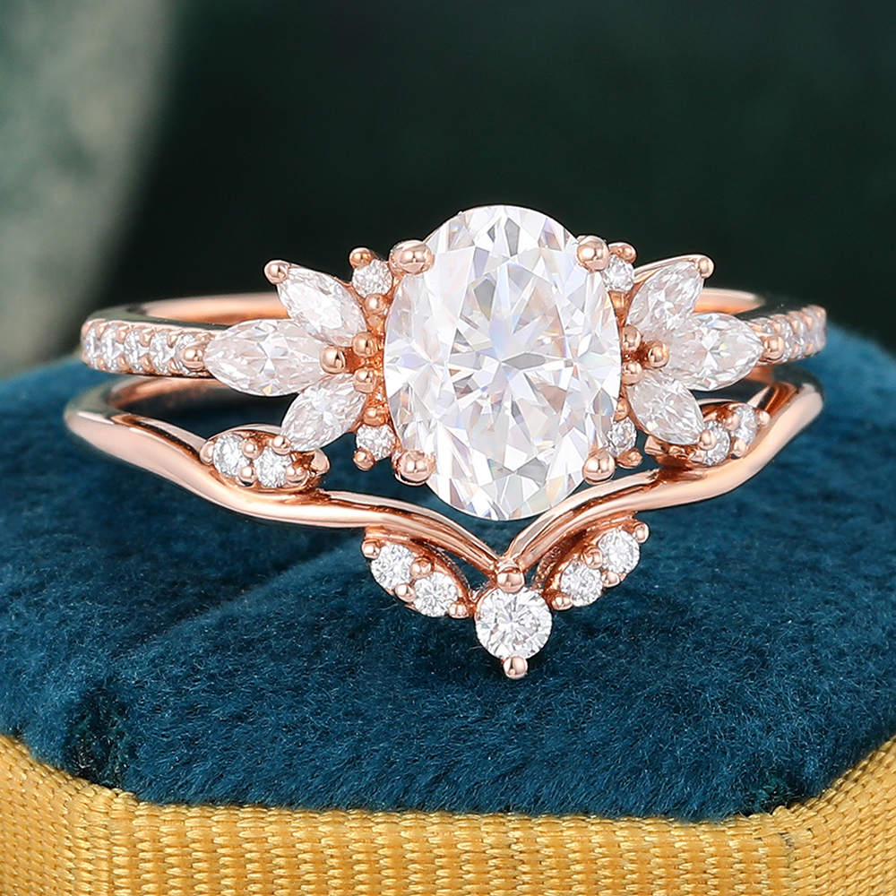 Juyoyo Oval Moissanite Engagement Ring Set Rose Gold Vintage Diamond Bridal Ring Set Women - 2pcs