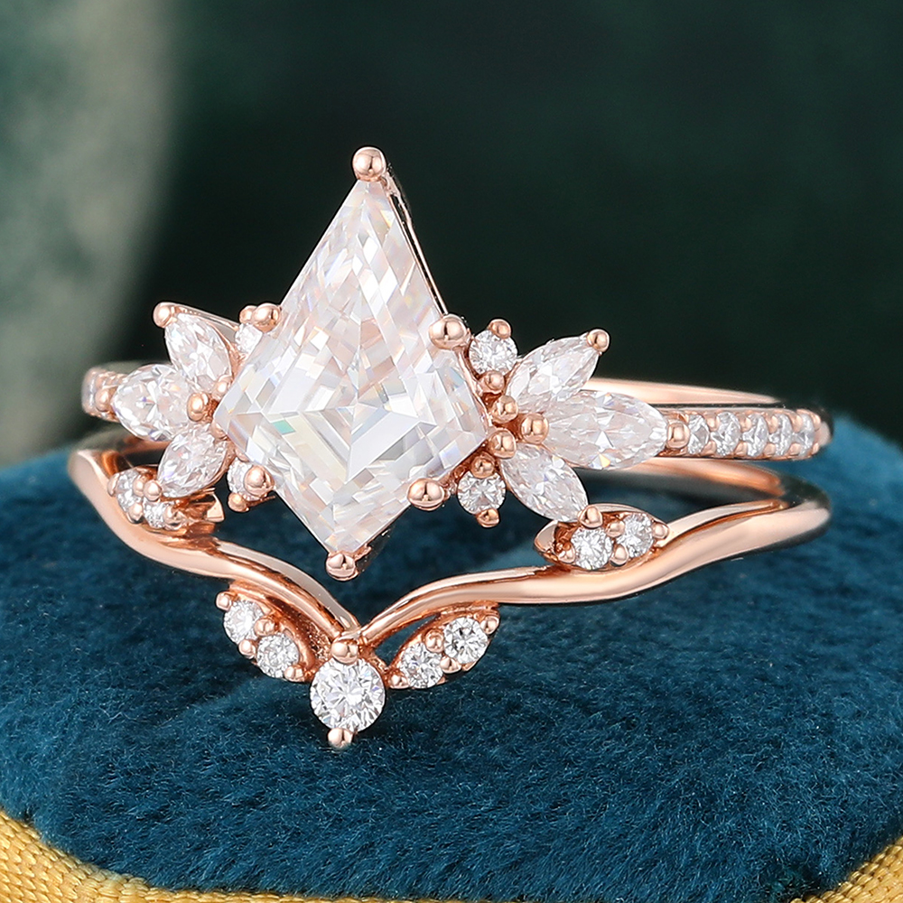 Juyoyo Vintage Kite Cut Moissanite Engagement Ring Set Diamond Wedding Ring Set - 2pcs