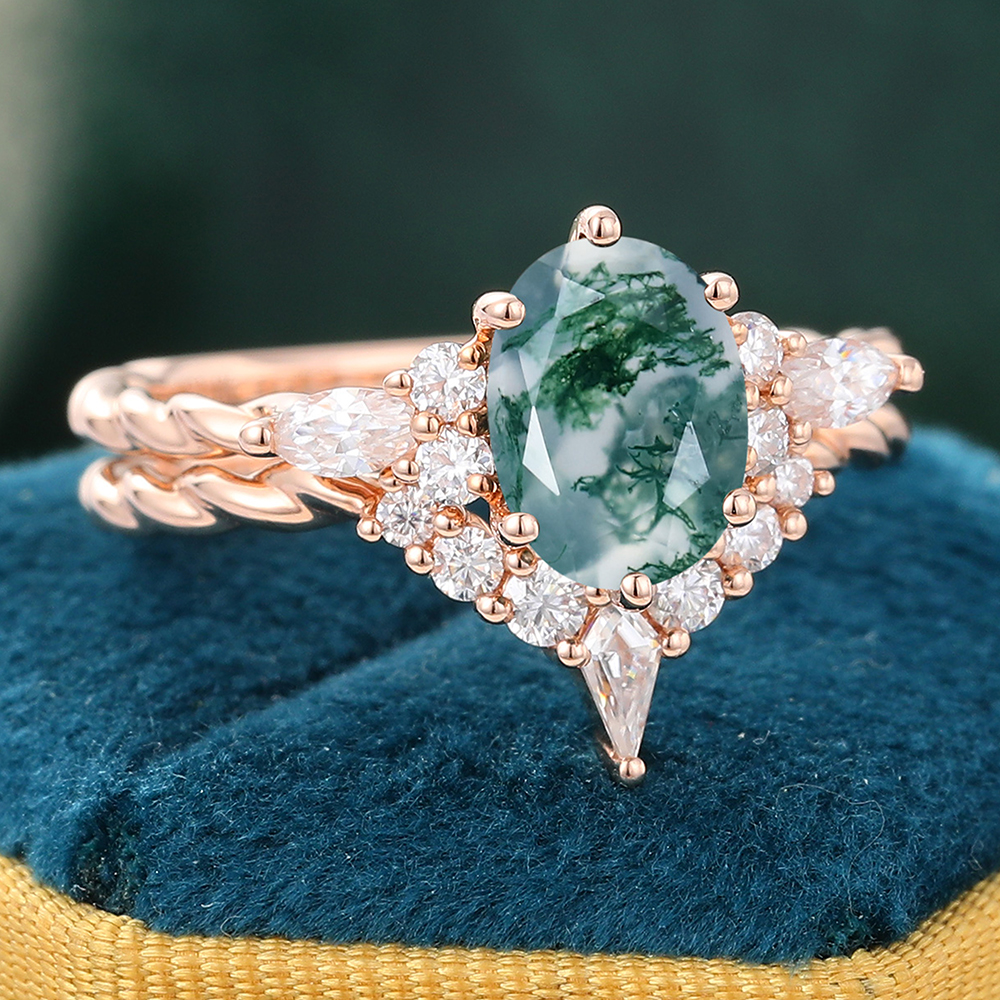 Juyoyo Unique Oval Cut Moss Agate Twisted Engagement Ring Set - 2pcs Bridal Set