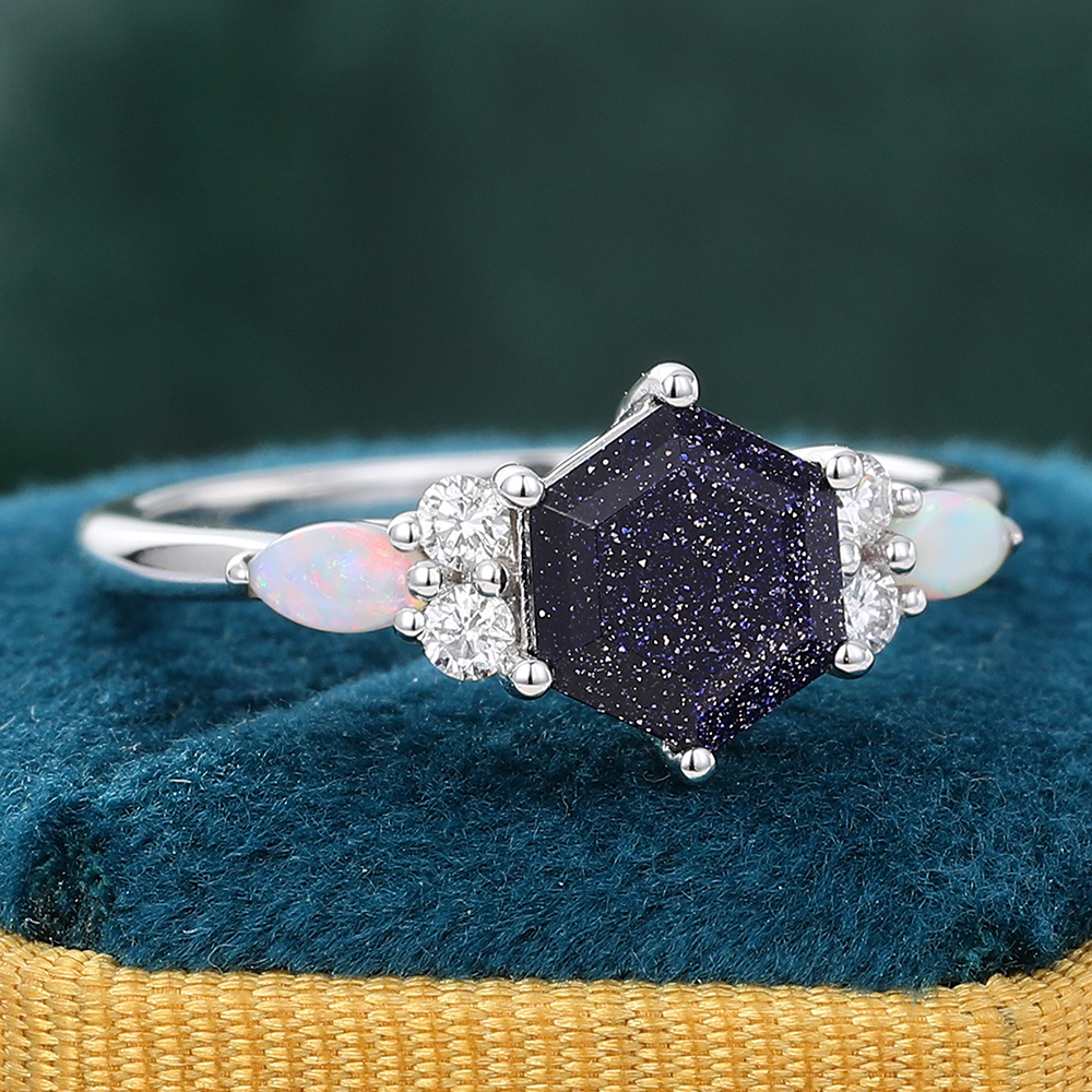 Juyoyo Hexagon Cut Blue Sandstone Engagement Ring Vintage Opal Wedding Ring