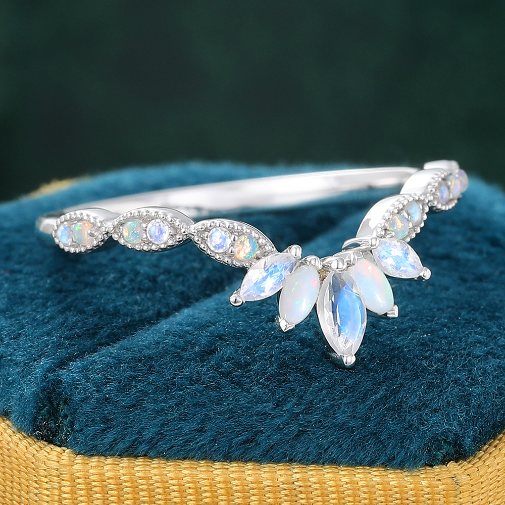 Juyoyo Marquise Cut Moonstone & Opal Crown Wedding Band Curved Stacking Ring