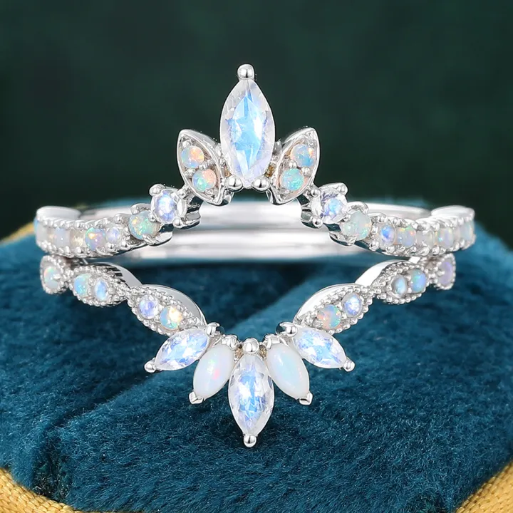 Unique Double Moonstone Crown Wedding Band Curved Stacking Ring - 2pcs