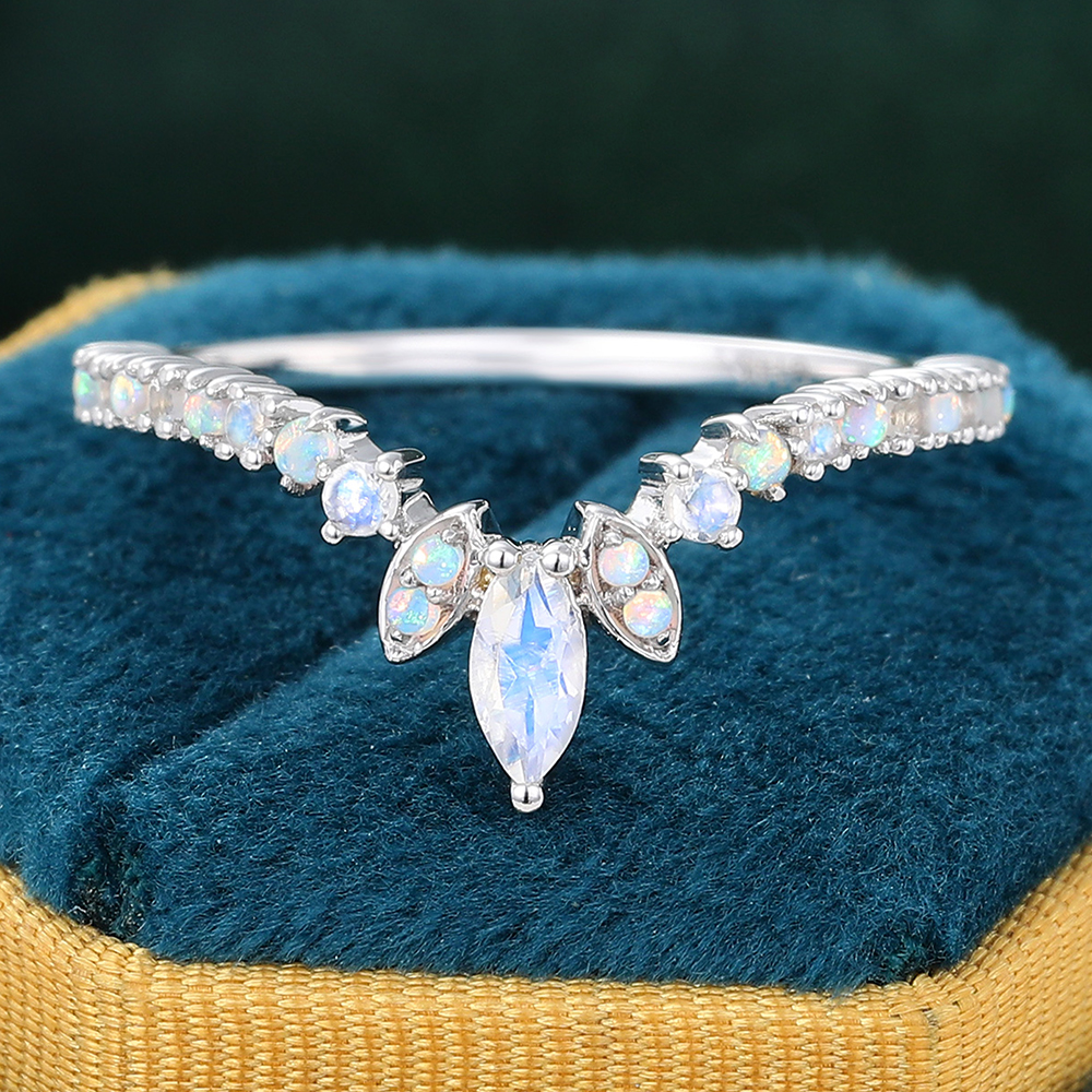 Juyoyo Dainty Moonstone Curved Crown Stacking Ring with Milgrain Details