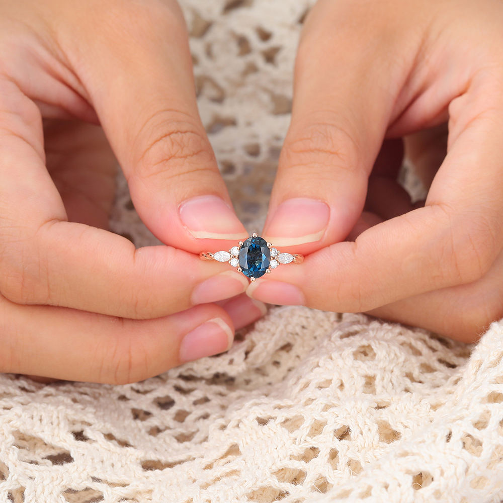 Juyoyo Oval Cut London Blue Topaz and Diamond Ring Twisted Engagement Ring 14K Rose Gold